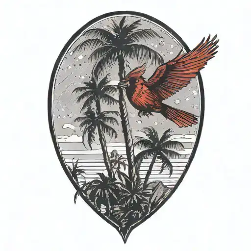 Flying Cardinal Over Palm Trees