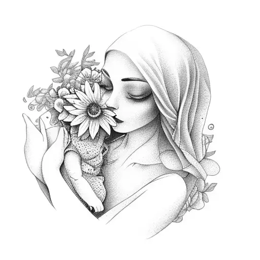 Lady Holding Baby Looking At Flowers