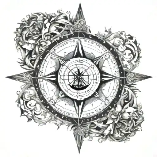 A Compass Rose Surrounded By Intricate Waves And A Ship Silhouette In The Center