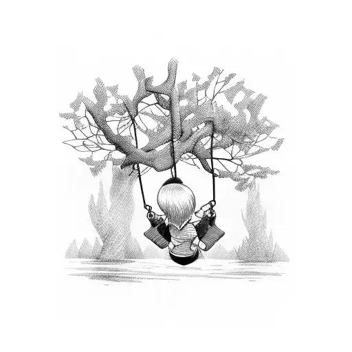 Woman Swinging A Child On A Swing Tied To A Tree