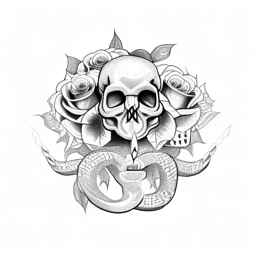 Snake Coming Out Of A Skull With Roses And Candles Around The Skull