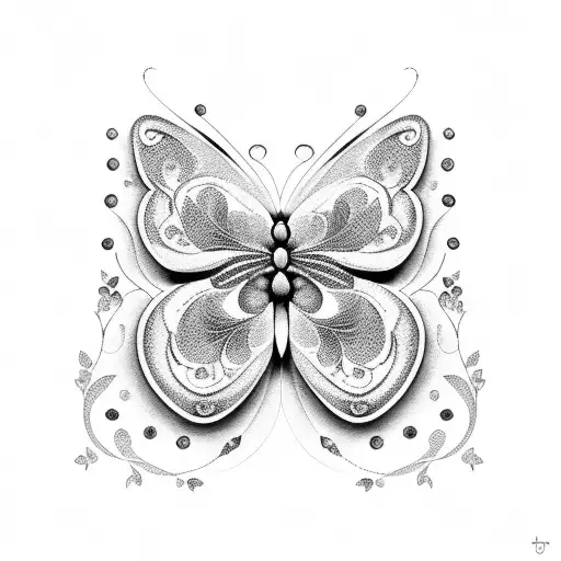 A Beautiful Butterfly Surrounded By Hydrangeas In Dotwork Style