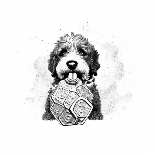 Bernedoodle Dog Holding A Weight Dumbbell In His Mouth