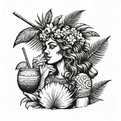 Greek Goddess Drinking Coconut Cocktail With Palm Leaves