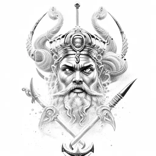 Poseidon With Trident And Japanese Warrior