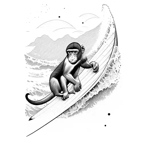 Surfing Monkey With Cap Surroundet By Waves