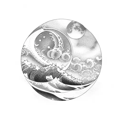 Waves And Moon Inside Fibonacci Series Panel Horizontal