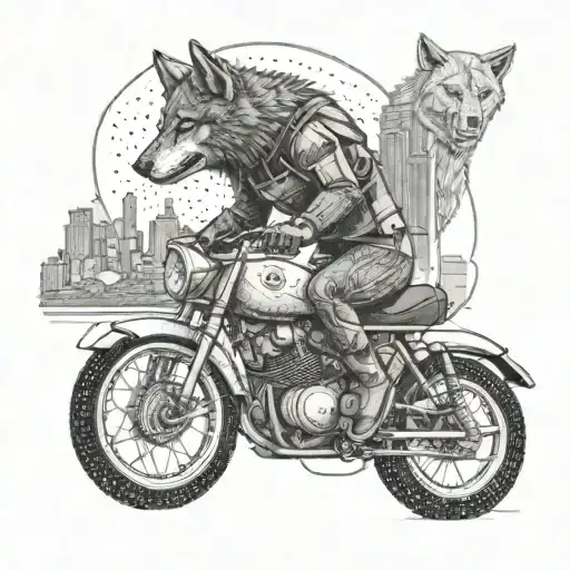 A Dotwork Tattoo Of A Wolf Wearing A Helmet Riding A Futuristic Motorcycle Through A City Skyline