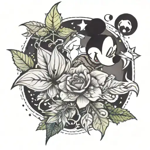A Tattoo Combining Disney Characters With Weed Leaves In A Whimsical And Magical Design