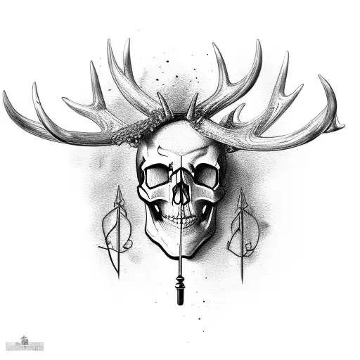A Skull With Antlers Surrounded By Fishing Hooks And Hunting Arrows