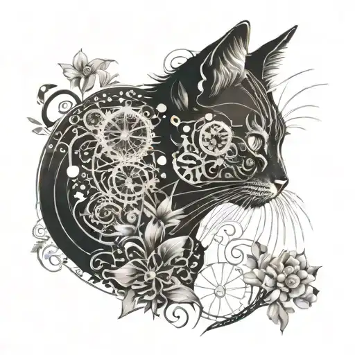 A Tattoo Of A Cat Silhouette Filled With Intricate Clockwork Designs And Spider Lilies