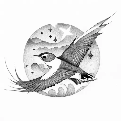 Swallow Bird Under The Stars Above The Sea