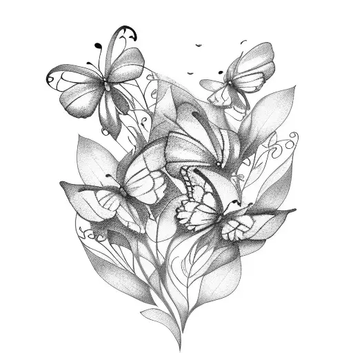 Line With Flowers And Leaves Coming Out With 3 Butterflies Above