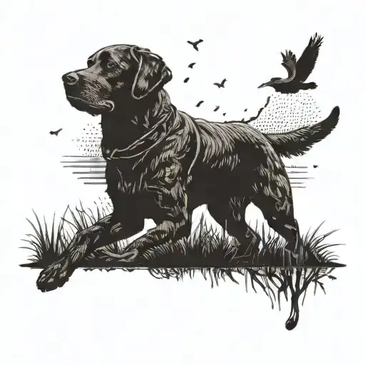 A Silhouette Of A Hunter And His Loyal Chocolate Lab In Action During A Bird Hunt