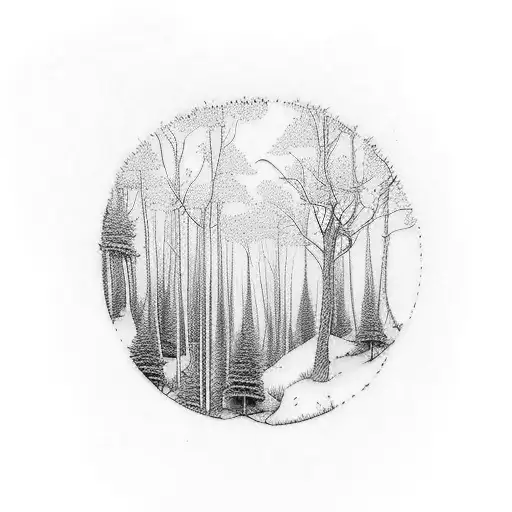 A Detailed Tattoo Of A Forest Landscape With Hidden Musical Elements Like Notes And Instruments