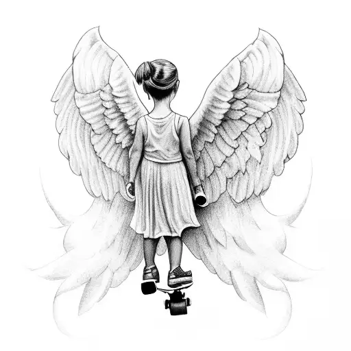 Little Girl Angel On A Skateboard With Wings And Cap Turned Back On Her Hed