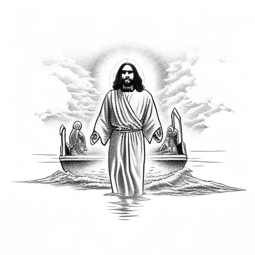 Jesus Walking On Water With A Bible In His Right Hand