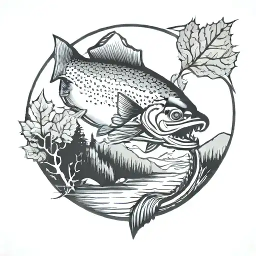 Half Circle Tattoo With Canadian Maple Leafs A Bass Salmon Pike Canoe On A River Mountains