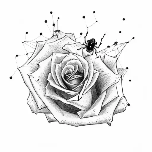 Rose With A Spiderweb And A Small Black Widow