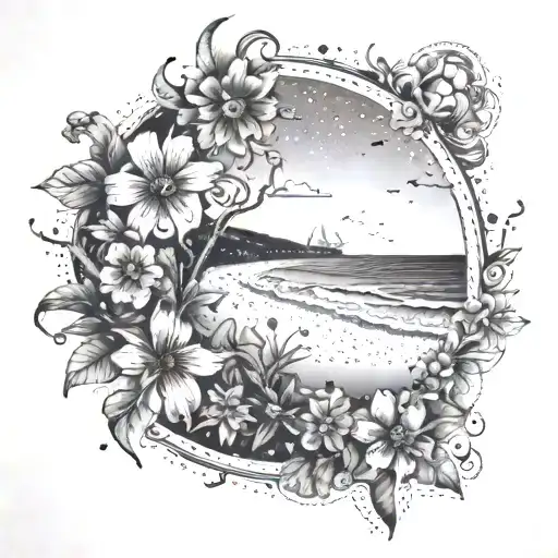 An Intricate Design Of A Beach Scene With Flowers Scattered Around