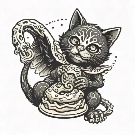 A Black Angel Cat Eating A Doughnut With A Happy Skeleton