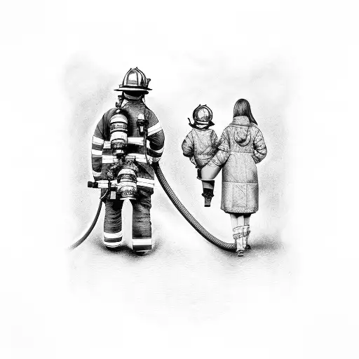 Firefighter Holding A Hose With Family Members In The Background