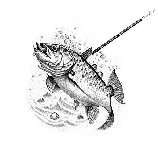 A Detailed Dotwork Design Of A Fishing Rod With A Robalo Fish Jumping Out Of The Water