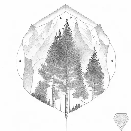 A Dotwork Tattoo Of A Forest Scene With A Police Badge Hidden Among The Trees