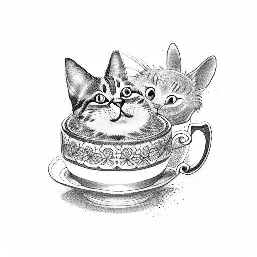 A Dotwork Tattoo Of A Cat And Bunny Sharing A Cup Of Tea In A Cozy New York Cafe
