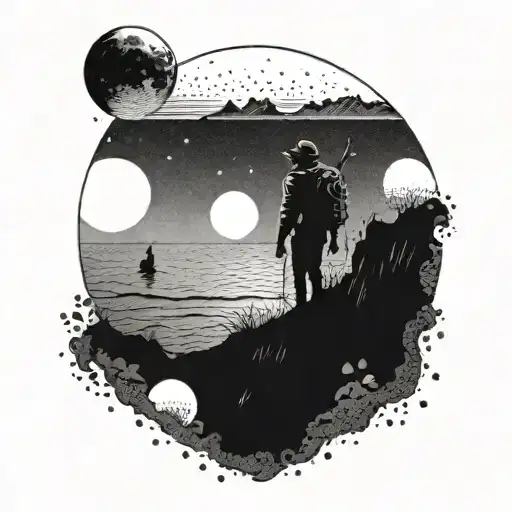 A Dotwork Tattoo Of A Traveler Exploring A Moonlit Ocean