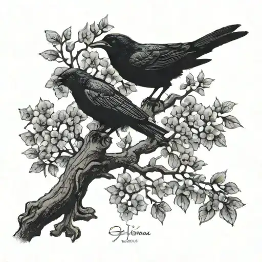 Red Sakura Tree Of Life With 1 Adult Crow And 1 Baby Crow