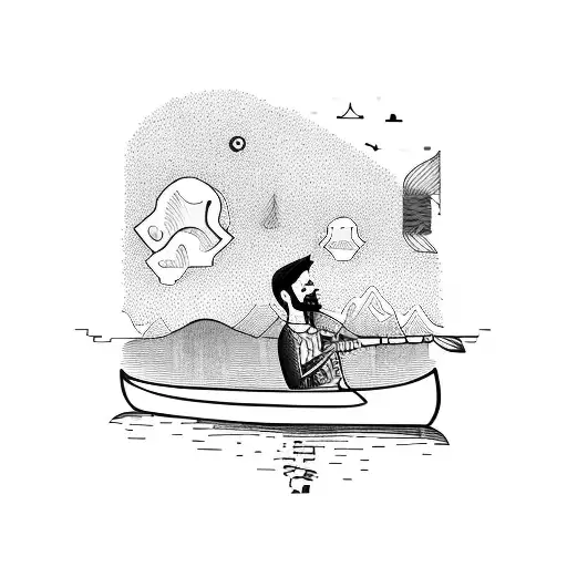 Man And Dog On Canoe In Stream