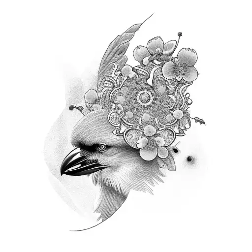 Crow On Pink Cherry Blossoms