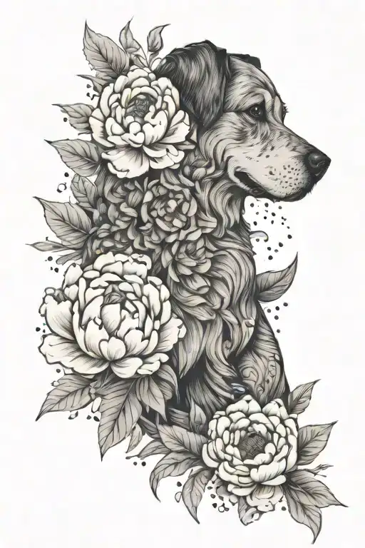 A Dog And Peonies Interwined