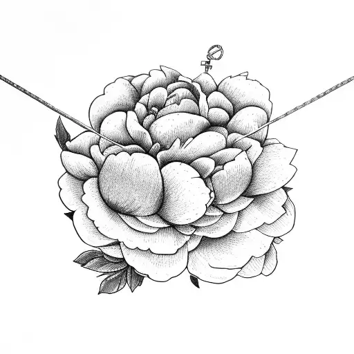 A Big Peony In The Center With Two Broken Handcuffs Around The Peony And Two Intertwined Hearts
