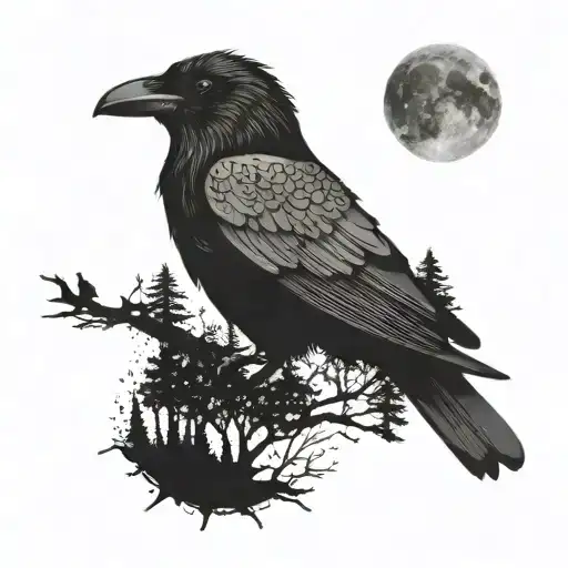 An Intricate Tattoo Featuring A Raven In A Forest Setting With A Space-themed Background