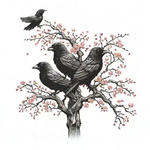 Red Sakura Tree Of Life With 2 Adult Crows And 1 Baby Crow