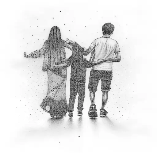 Parents Holding Hands With Their 2 Children In The Dark