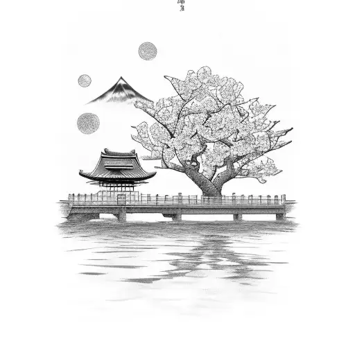 Cherry Blossom With River And Japanese Tower With A Sunset In The Background