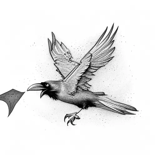 Flying Raven That's Shot By An Arrow And Holding A Orange Ribbon In Its Beak
