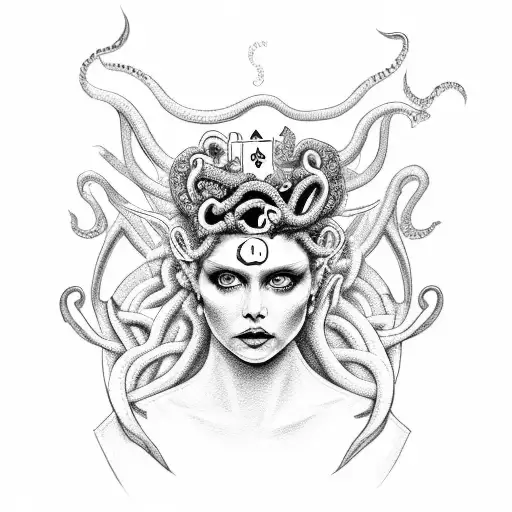 Queen Of All Playing Cards With Medusa Head Mixed With Demon Face And Angel Wings