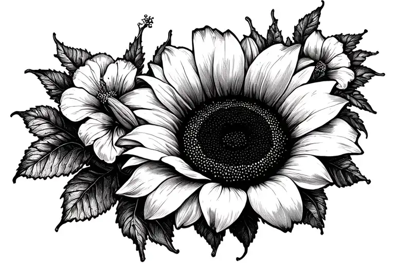 Sunflower In Centre Of Butterfly With Hibiscus Flowers Around