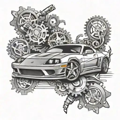 A Sleek Sports Car With A Background Of Gears And Wrenches