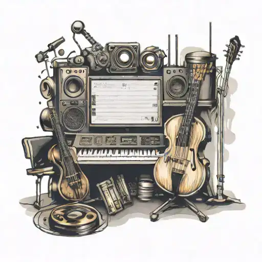 A Tattoo Of A Music Studio With Instruments And Paint Palettes