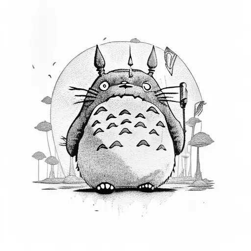 Totoro Standing In The Rain With A Big Leaf Above His Head In Black And White