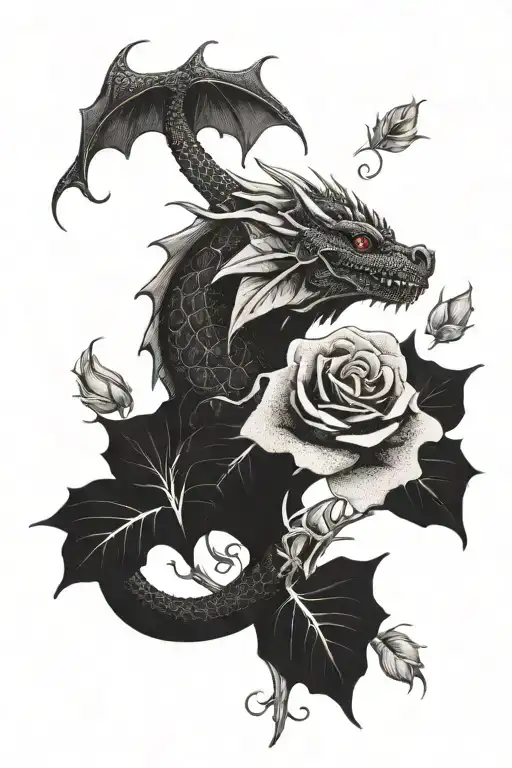 Dragon With Rose Morning Glory And Aster Flowers