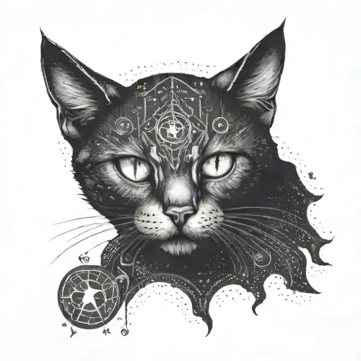 A Dotwork Tattoo Of A Cat With Glowing Occult Symbols In Its Eyes