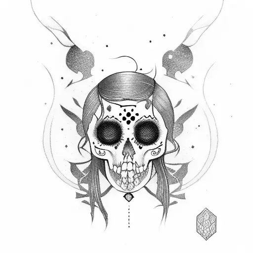 Girl With Long Hair With Scull Red And Black