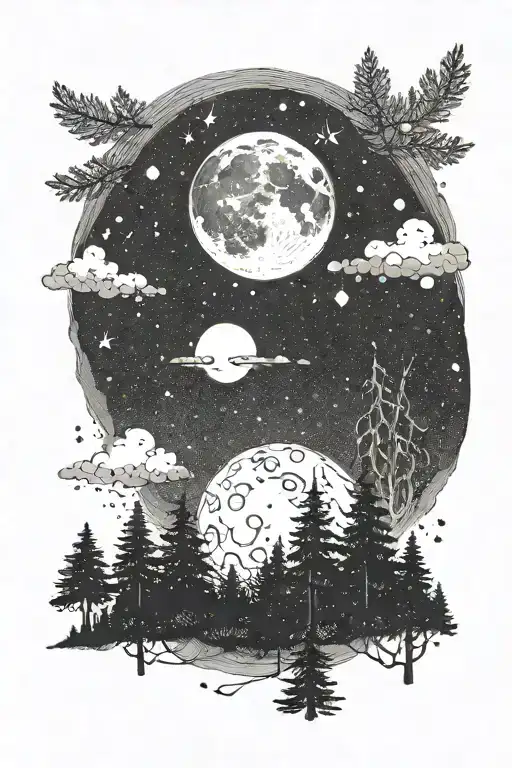 A Moon In The Night Sky With A Fir Forest Tattoo
