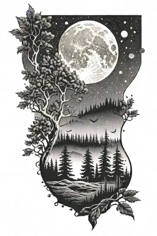 A Moon In The Night Sky Above A Forest